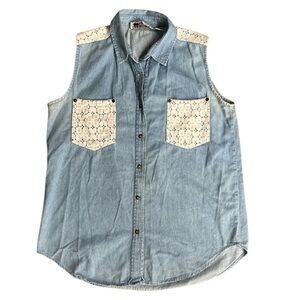 Vintage Denim Lace‎ Pocket Collared Sleeveless Blouse Top Large 100% Cotton